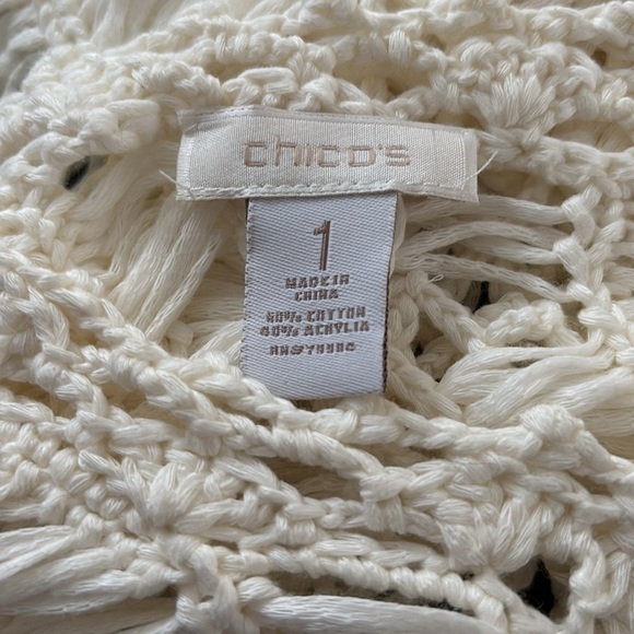 Chico’s Open Crochet Macrame Ivory SS Sweater Sz 1/M Casual Summer Pullover Top - Picture 5 of 5